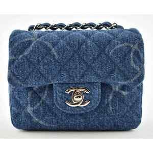 Chanel 20B Blue Denim Mini Square CC Logo Quilted Silver Chain Crossbody Bag